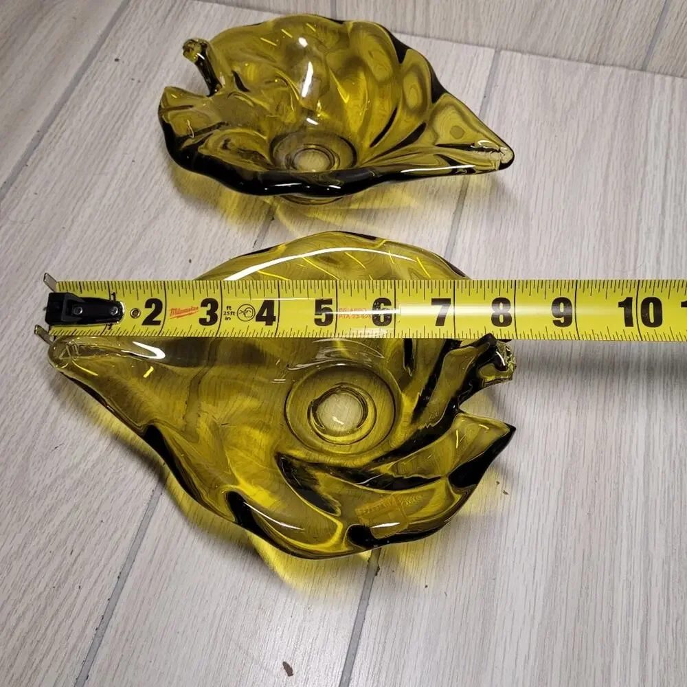 Vintage Noleans Italy Avacado Green Glass Leaf Candy Dish Candle Holder Set READ